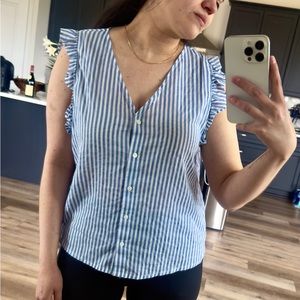 MNG Chic Striped V-Neck Blouse with Ruffle Sleeves – Fresh & Classic